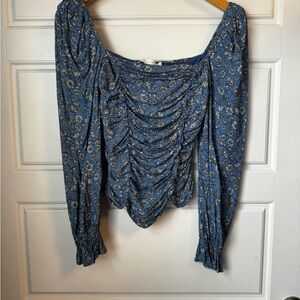 Astr Blue Floral Ruched Blouse